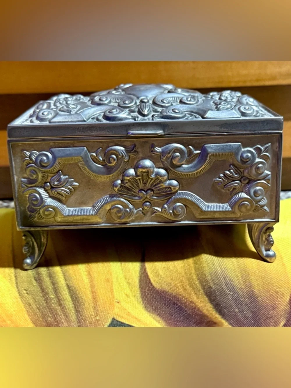 Vintage Art Nouveau Style Silver Plated Jewerly Box Trinket Box Blue Velvet